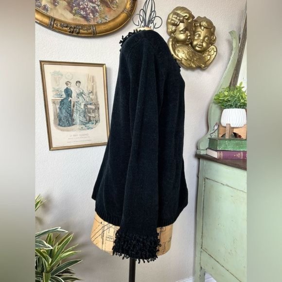 Carolina Colours Plus 90s Black Shag Cuff & Collar Cardigan Sweater sz 18/20 - Picture 8 of 11